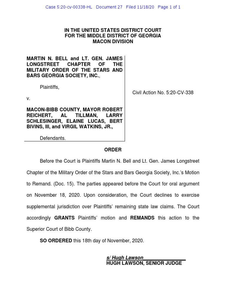 Order Remanding To Superior Court of Bibb County 11.18.20 PDF