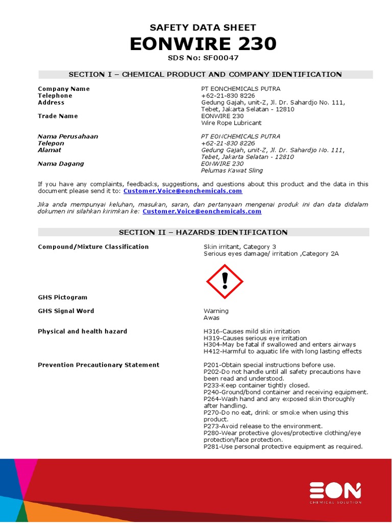 Eonwire 230 Safety Data Sheet PDF Physical Sciences Nature