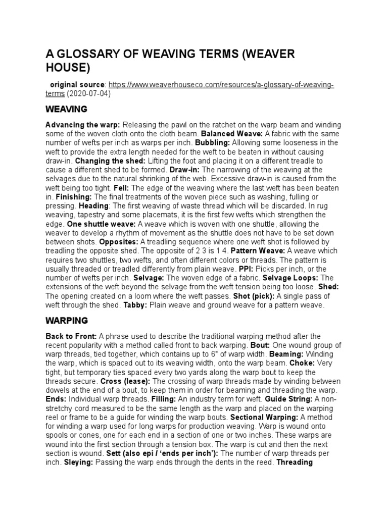 Weaving Terms and Definitions Guide | PDF | Loom | Weaving