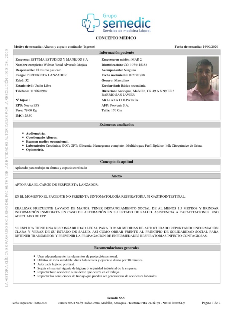 Concepto Aptitud Wilmar Yesid Alvarado Mojica PDF Medicina