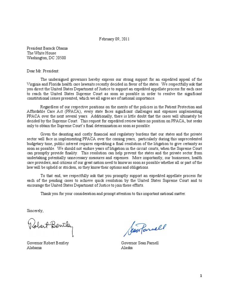 Governors Lawsuit Letter Patient Protection And Affordable Care Act