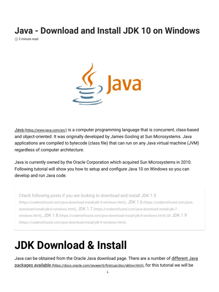 Java Download And Install Jdk 10 On Windows Codenotfound Com Pdf Java Software Platform Java Programming Language