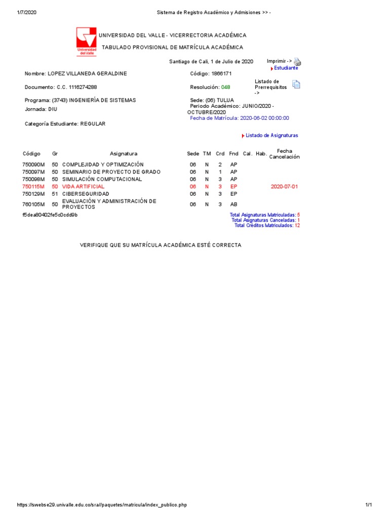 Matrícula Académica Universidad del Valle | PDF | Informática y ...