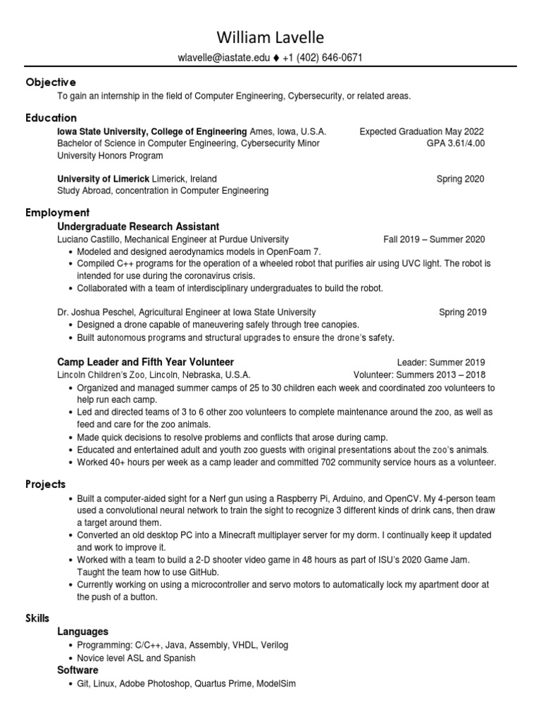 William Lavelle Resume Fall 2020 PDF Engineering Computing