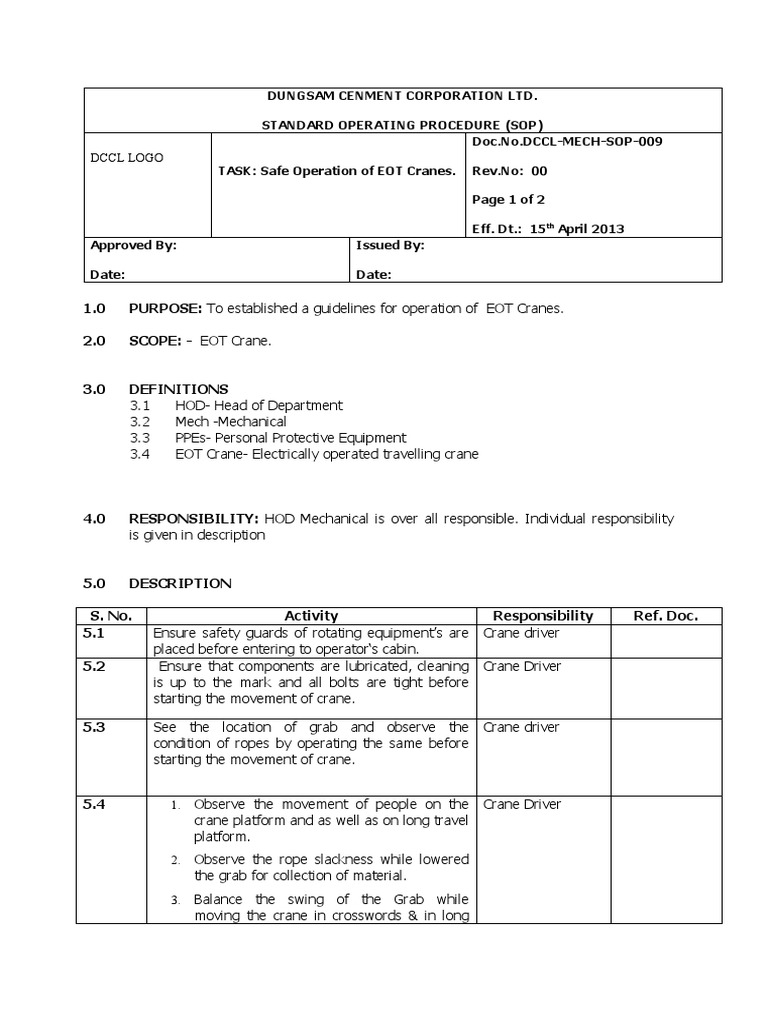 EOT Crane Safety Operating Procedure | PDF | Crane (Machine) | Safety