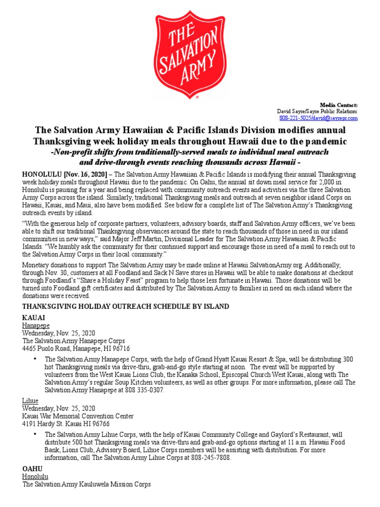 The Salvation Army Thanksgiving Meals In Hawaii 2020 Final Pdf Hawaii Maui