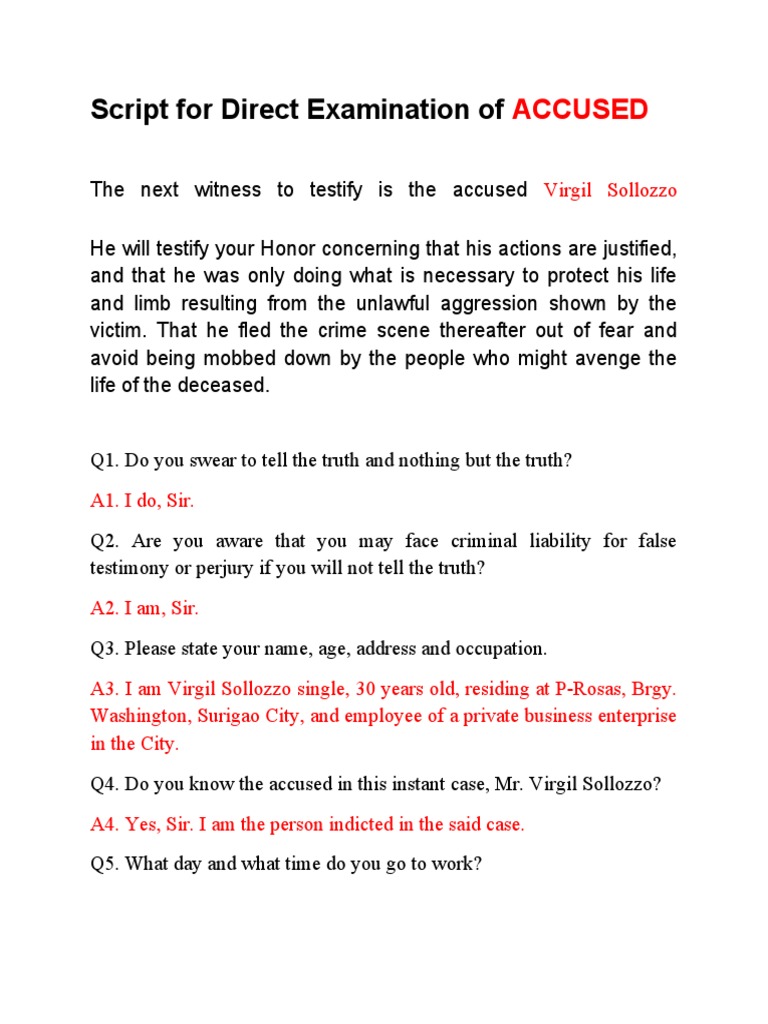 Script For Direct Examination of ACCUSED PDF Testimony Common Law