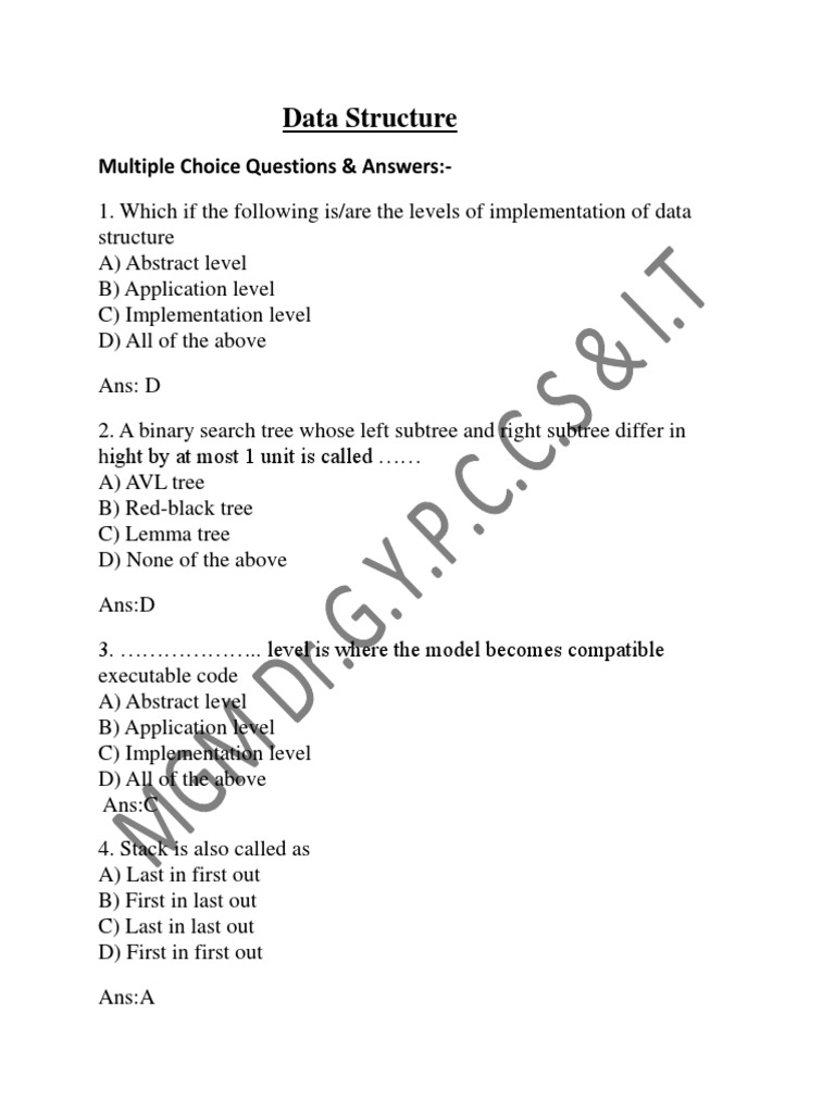 Data Structure: Multiple Choice Questions & Answers | PDF | Array Data ...