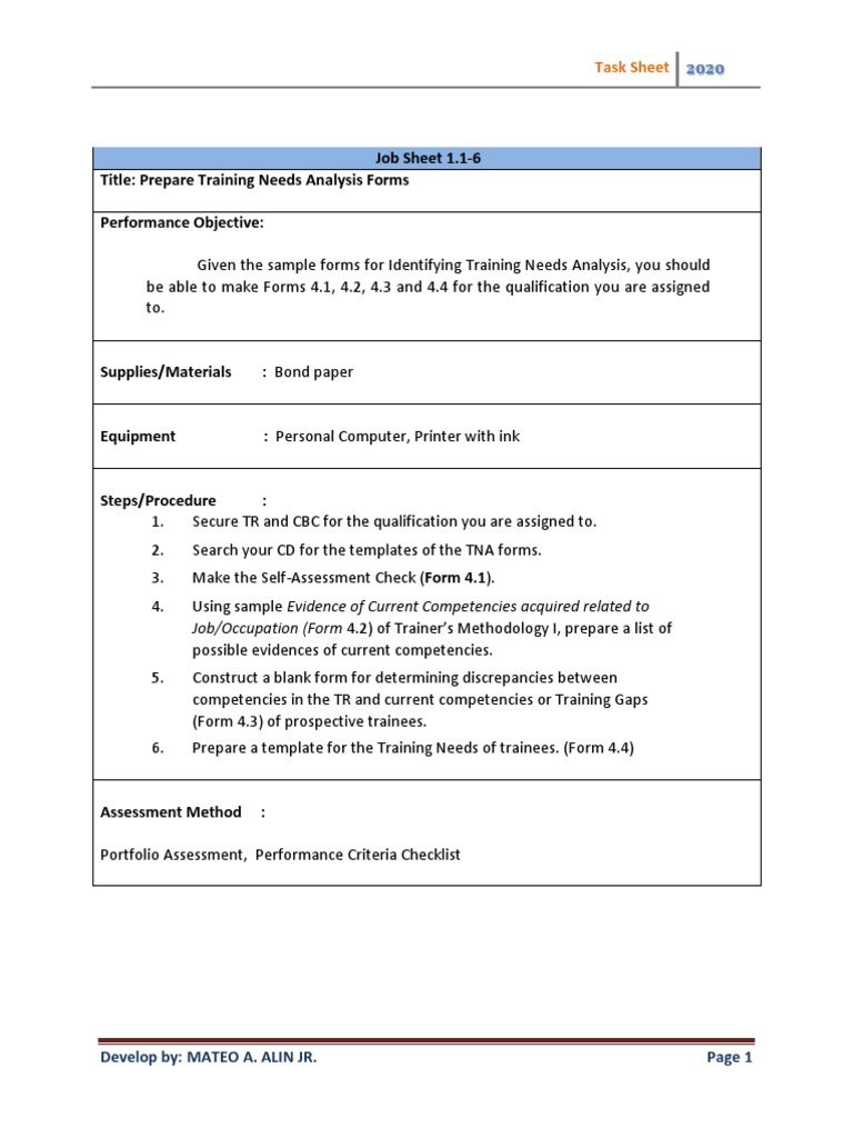 Job Sheet for Training Needs Analysis | PDF | Career & Growth