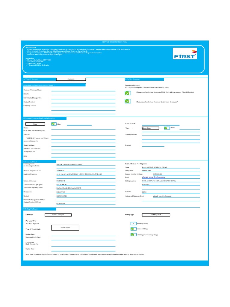 Corporate Service Registration Form | PDF | Mobile Telecommunications ...