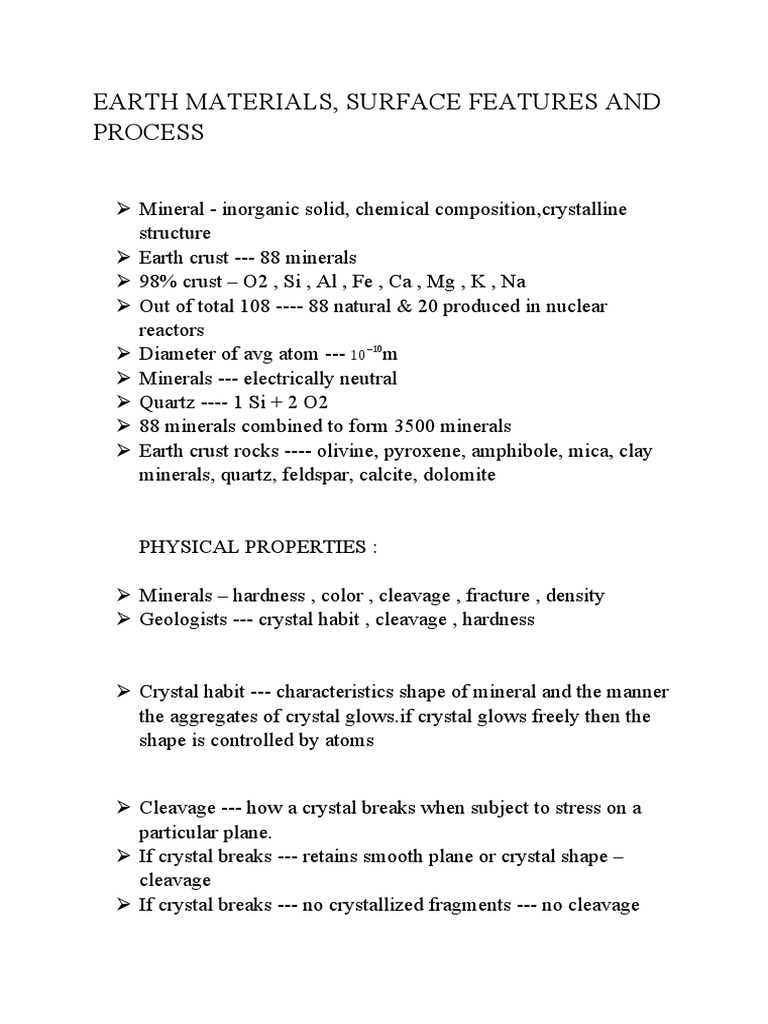 Earth Materials, Surface Features and Process PDF Minerals Crystal