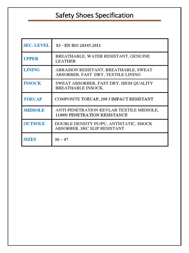 Electrical Safety Shoes Specifications
