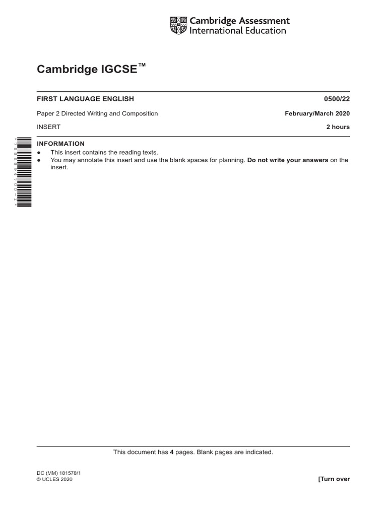Cambridge IGCSE: First Language English 0500/22 | PDF | Internet Of ...