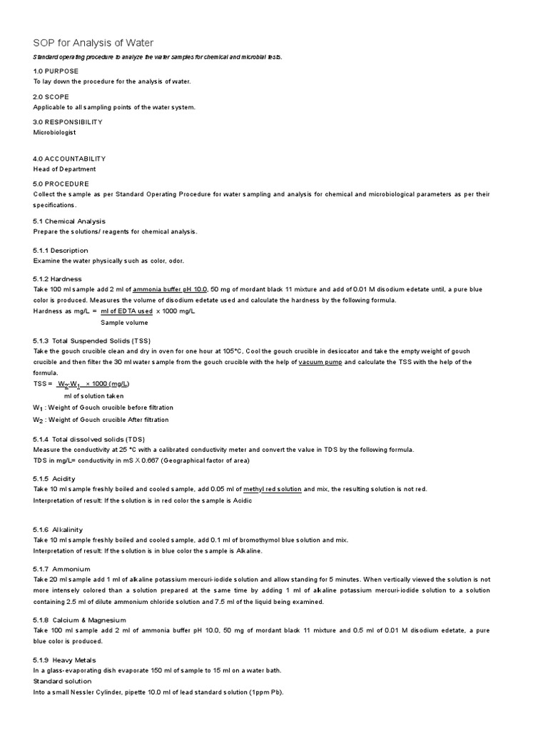 SOP for Water Analysis Procedures | PDF | Growth Medium | Total Organic ...