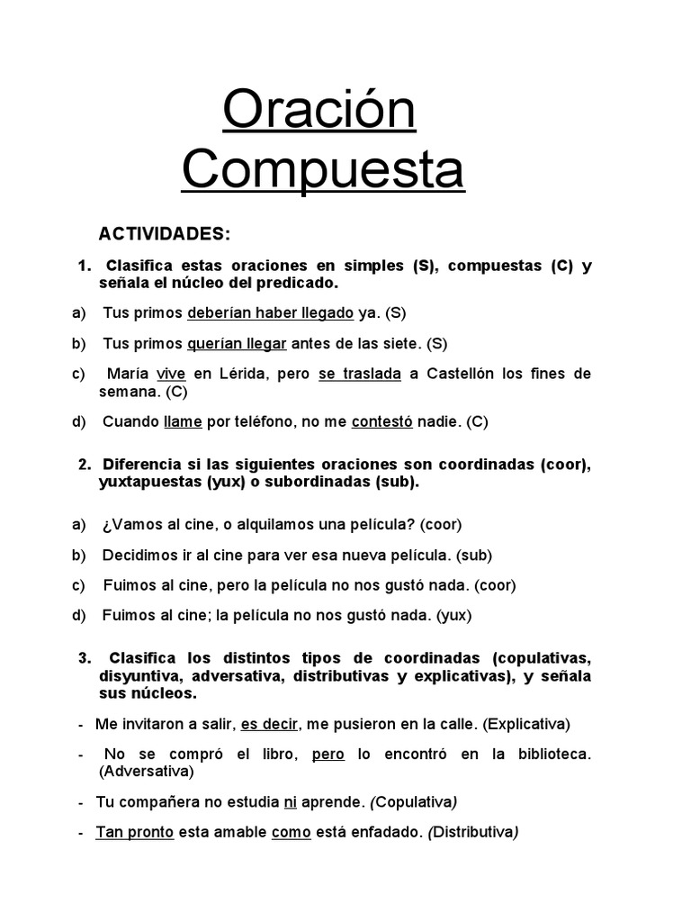 Ejercicios de Oraciones Compuestas | PDF | Oración (Lingüística ...