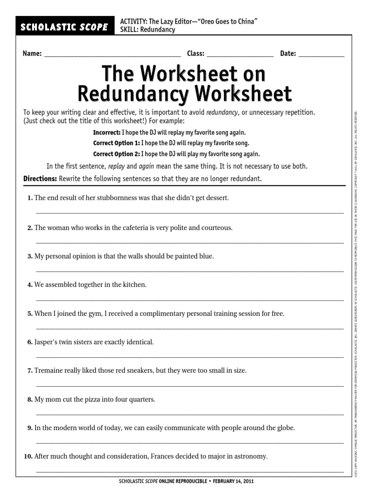 The Worksheet On Redundancy Worksheet: Scholastic Scope | PDF ...
