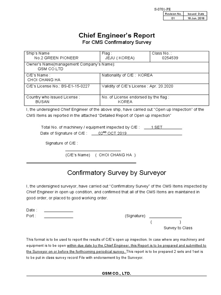 S-0701-PE Chief Engineer's Report | PDF | Nature
