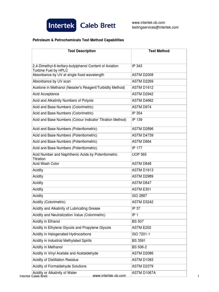 Petroleum & Petrochemicals Test Method Capabilities: Intertek Caleb ...