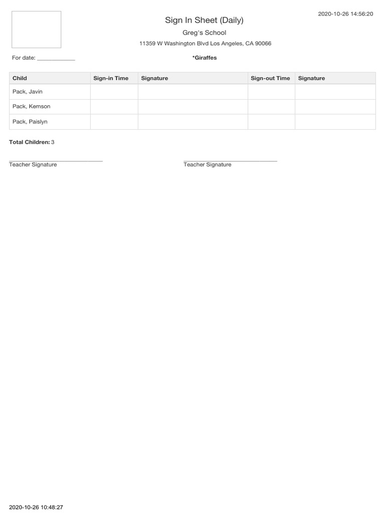 Daily Sign-In Sheet for Greg's School | PDF