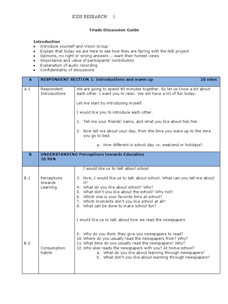 Kids Research 1: Triads Discussion Guide | PDF | Newspapers | Behavior ...