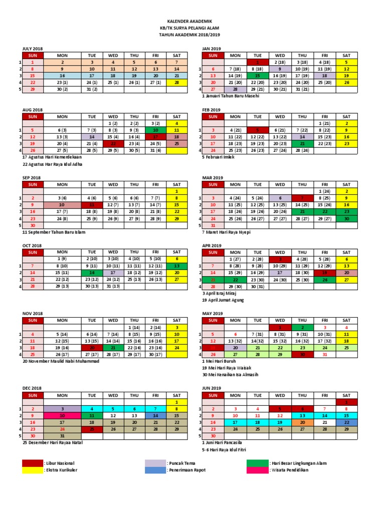 A Comprehensive Academic Calendar for Surya Pelangi Alam Kindergarten