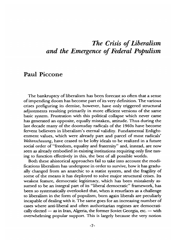 The Crisis of Liberalism and The Emergence of Federal Populism | PDF