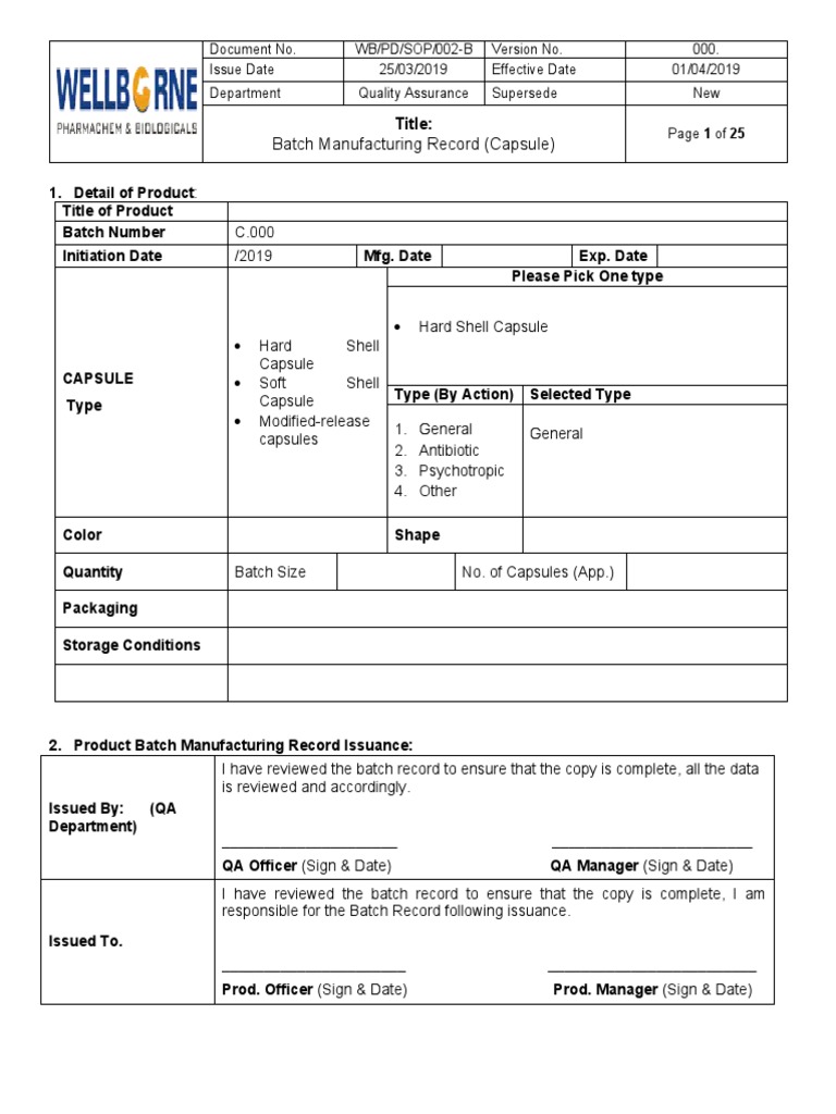 Batch Manufacturing Record (Capsule) : Title | PDF | Quality 