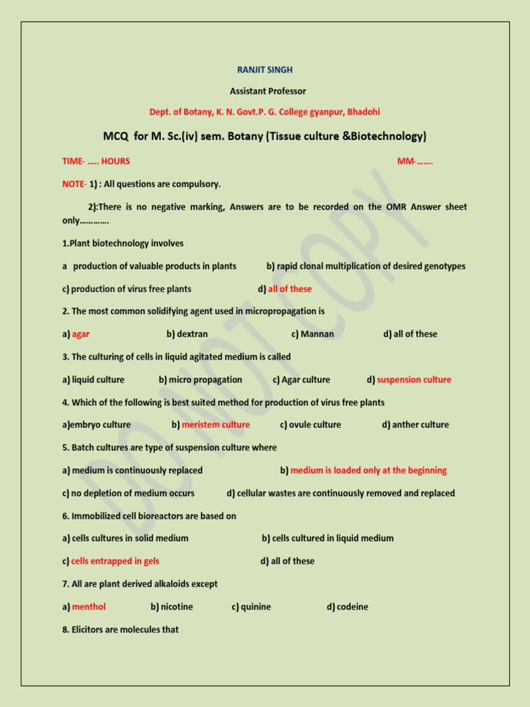 MCQ Tissue Culture N Biotechnology PDF Plasmid Molecular Cloning