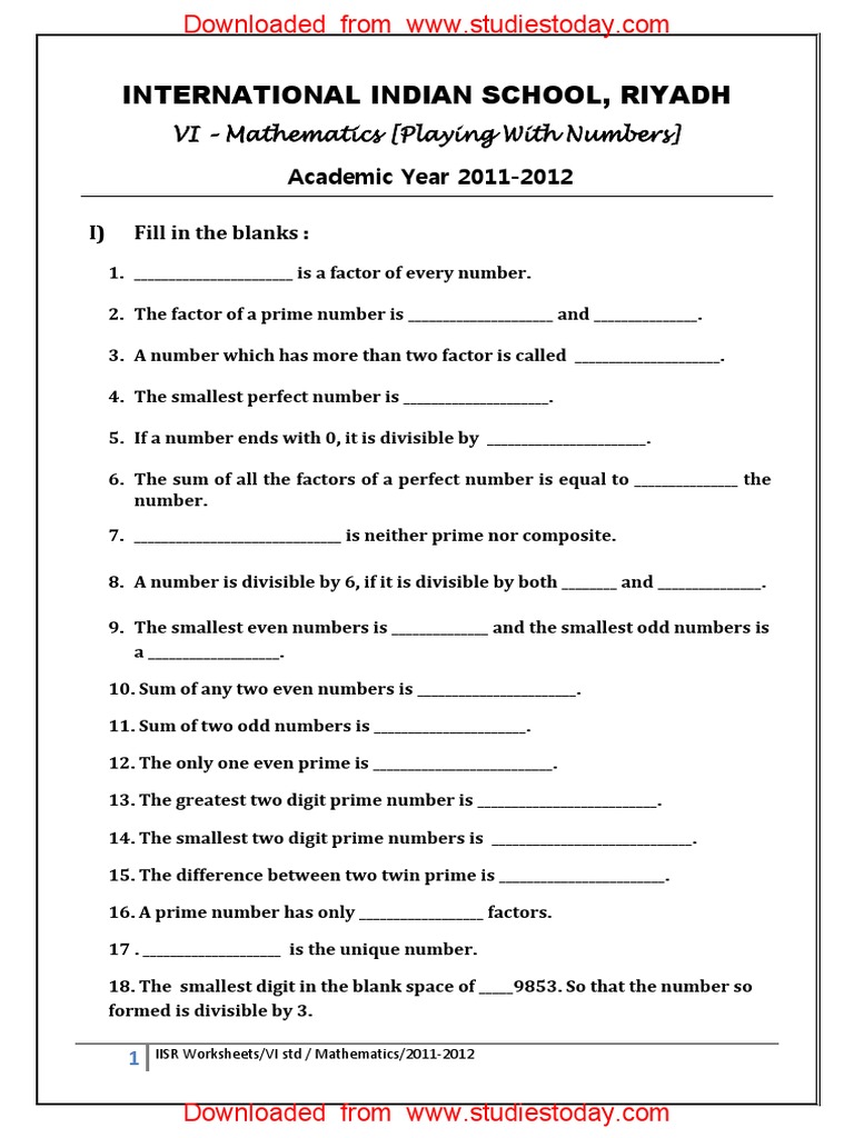 CBSE Class 6 Playing With Numbers Worksheet PDF Prime Number Numbers