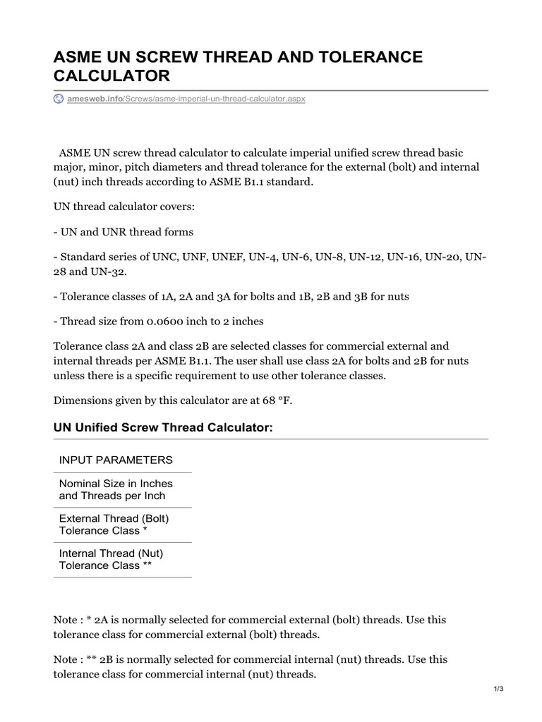 ASME UN Screw Thread Calculator Guide | PDF | Tools | Metalworking