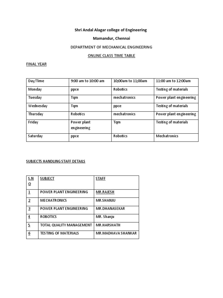 Final Year Mechanical Engineering Timetable | PDF