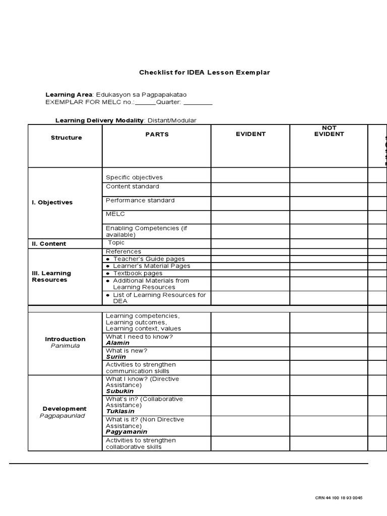 Checklist For IDEA Lesson Exemplar: Learning Area: Edukasyon Sa ...