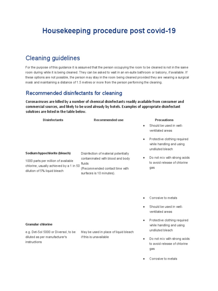 Housekeeping Guest Room Cleaning Procedure Post Covid PDF Chlorine