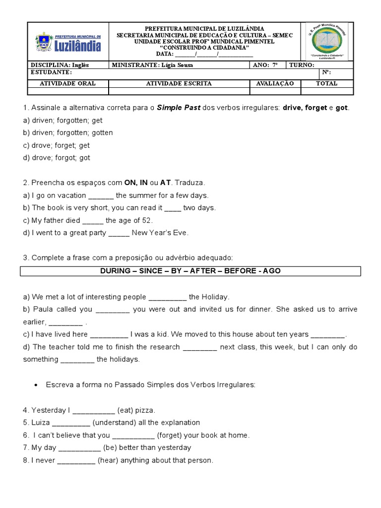 Atividade Avaliativa 7 Ano - Simple Past, Prepostions of Time | PDF ...