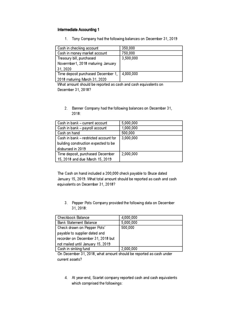 Intermediate Accounting 1 Cash And Cash Equivalent Test Bank Transaction Account Cheque