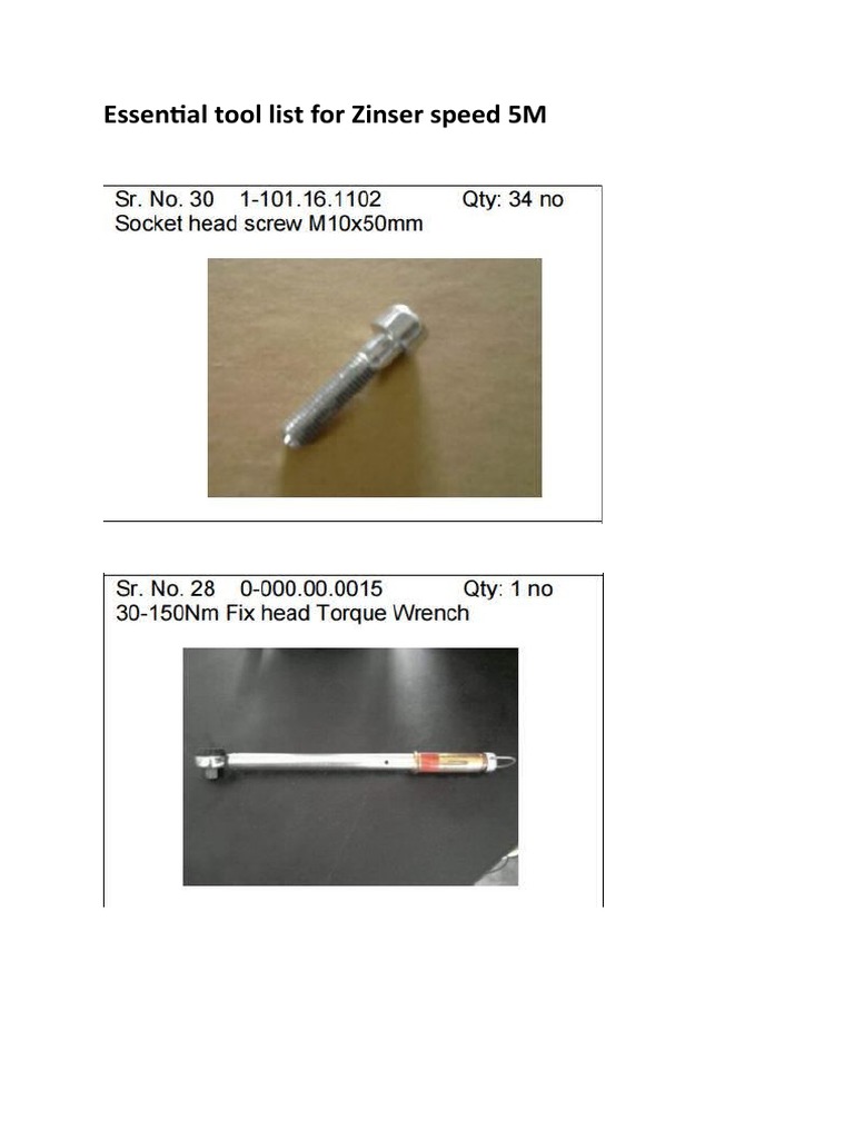 Essential Tool List For Zinser Speed 5M PDF