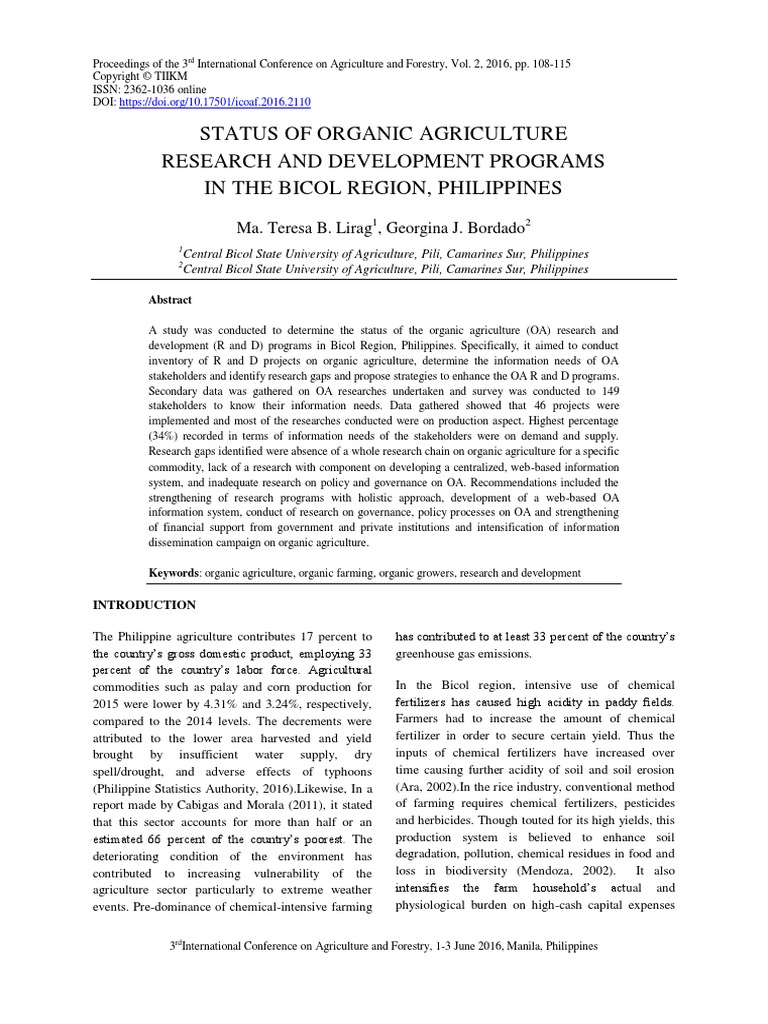 Status of Organic Agriculture Research and Development Programs in The ...