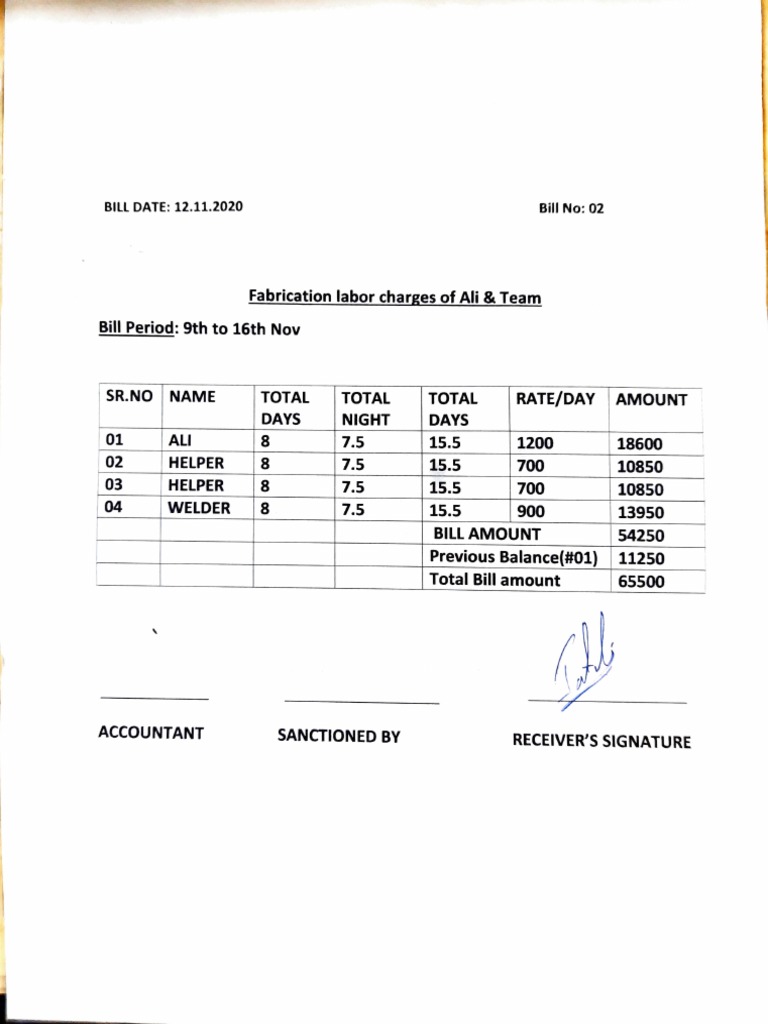 Fabrication Labor Charges Invoice | PDF | Finance & Money Management