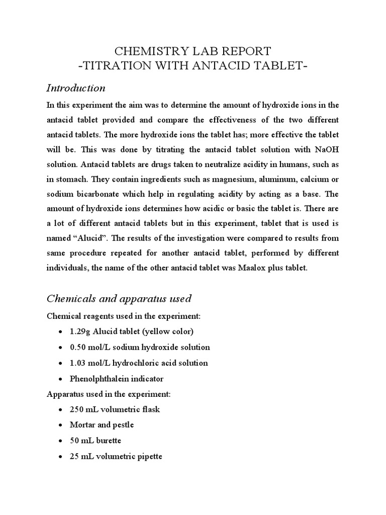Chemistry Lab Report Titration With Antacid Tablet PDF Titration Chemistry