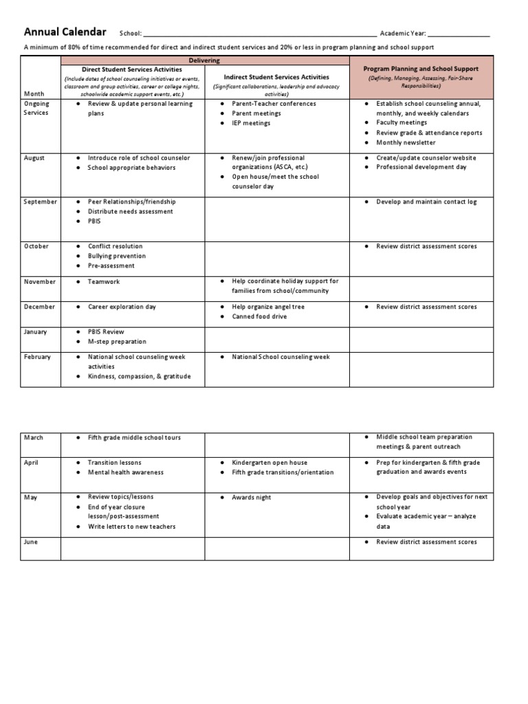 Annual Calendar | PDF | School Counselor | Behavior Modification