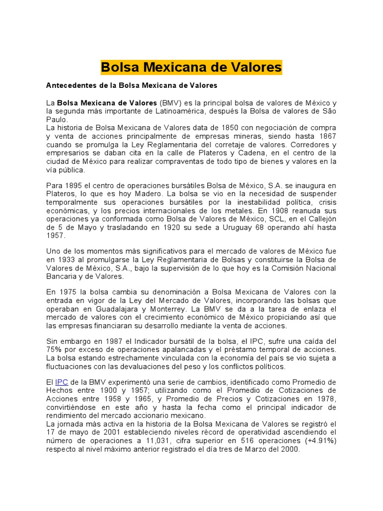 Historia de la Bolsa Mexicana de Valores | PDF | Bolsa | Valores de ...