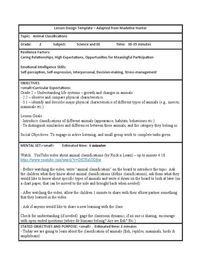 Animal Classification Lesson Plan | PDF | Vertebrates | Teachers