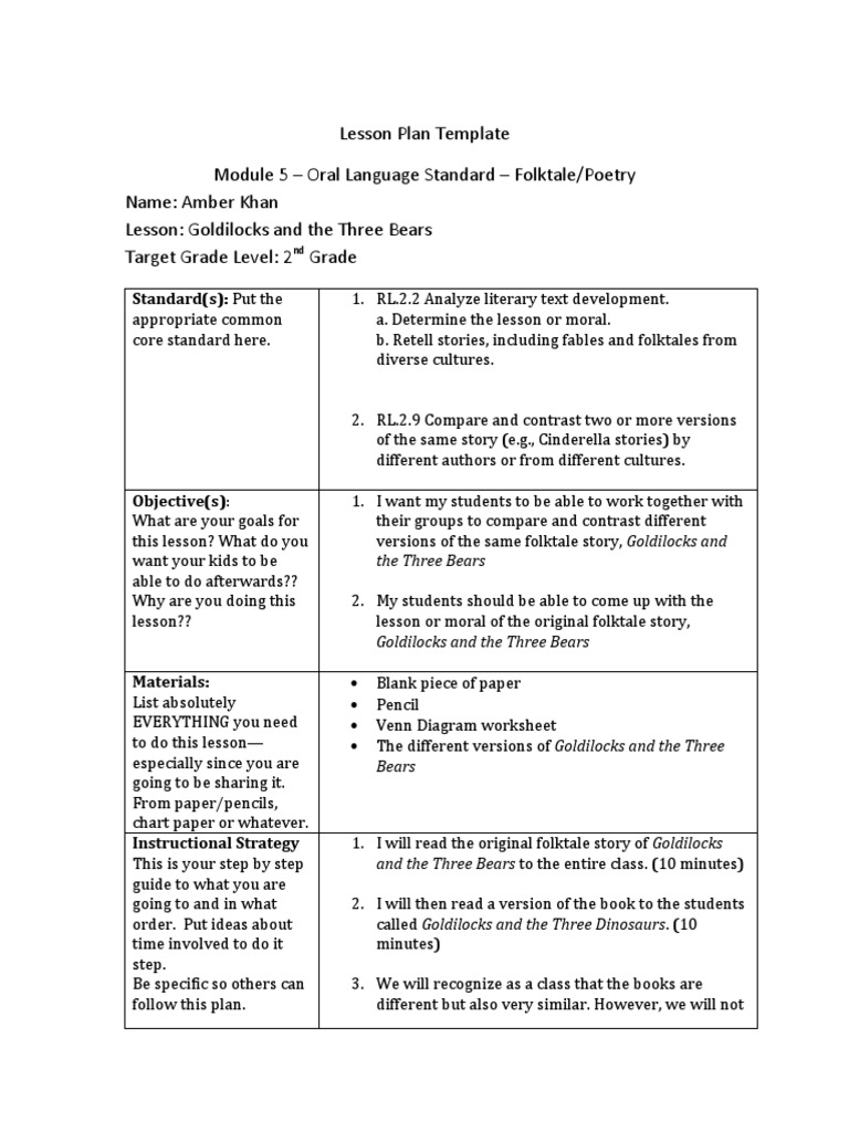 2nd Grade Folktale Lesson Plan | PDF | Fable | Goldilocks And The Three ...