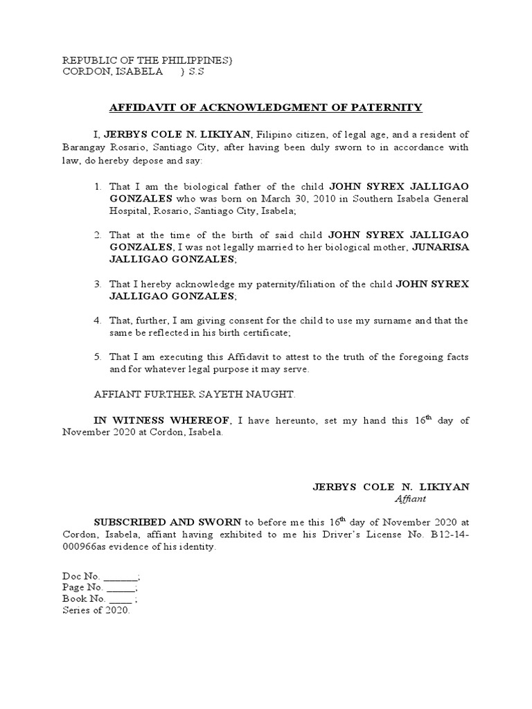 Affidavit of Paternity Acknowledgment | PDF