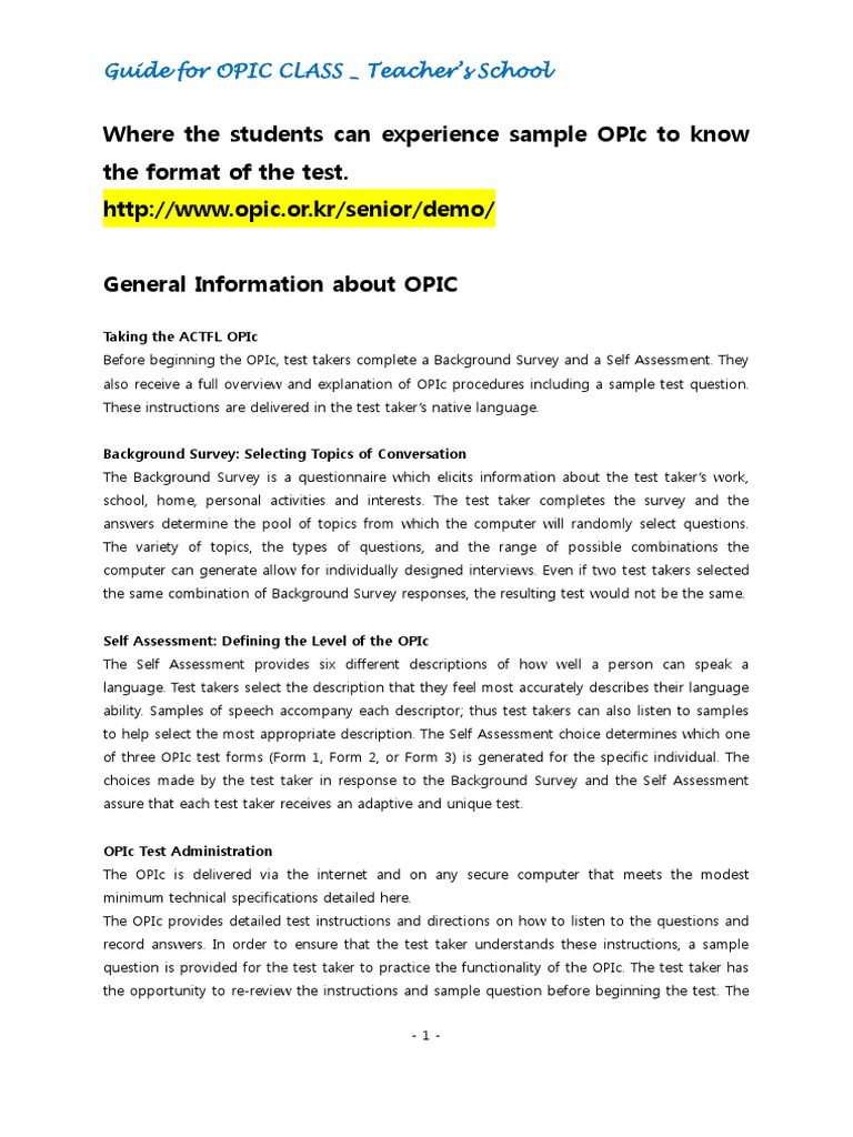 OPIC Test Overview and Preparation Guide | PDF | Educational Assessment ...