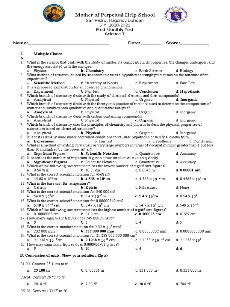 Science Test for Grade 7 Students | PDF | Experiment | Chemistry