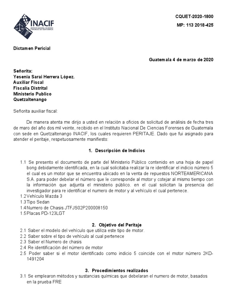 Peritaje de Identificación Vehicular INACIF | PDF | Business