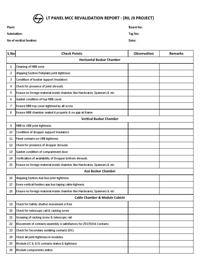 LT Panel MCC Revalidation Report (Ril J3 Project) S.No Check Points