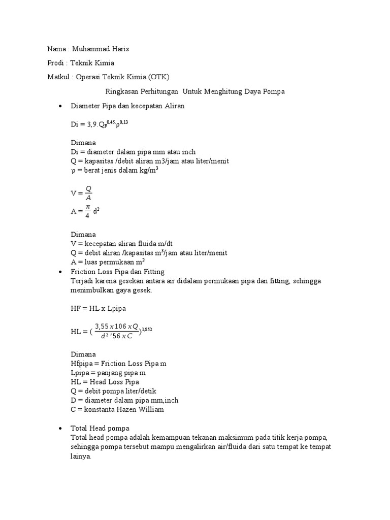 Perhitungan Daya Pompa Teknik Kimia Pdf