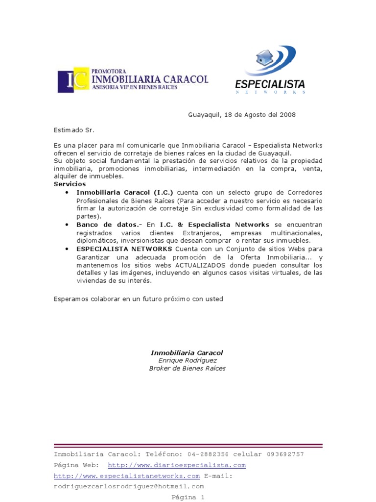 Carta de presentación de Inmobiliaria Caracol 